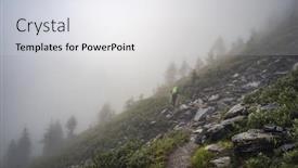  Presentation with misty - Audience pleasing presentation design consisting of tourists-hiking-in-misty-alps backdrop and a white colored foreground