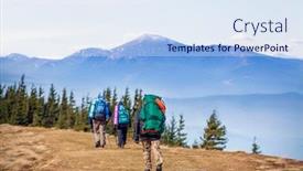  Presentation with expedition - Audience pleasing presentation theme consisting of tourists-hiking-in-mountains backdrop and a sky blue colored foreground