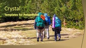  Presentation with expedition - Colorful slide deck enhanced with tourists-hiking-in-mountains backdrop and a tawny brown colored foreground