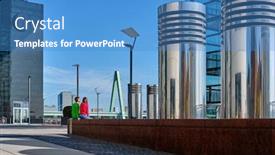  Presentation with house building - Beautiful PPT theme featuring tourists-in-cologne-near-kranhaus backdrop and a teal colored foreground