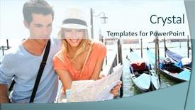  Presentation with tourists - Slide set featuring tourists looking at map in front of san giorgio maggiore island venice background and a sky blue colored foreground