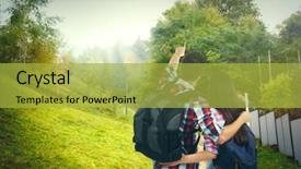  Presentation with tourists - Slides enhanced with tourists on landscape background background and a yellow colored foreground