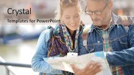  Presentation with city map - Audience pleasing slides consisting of tourists reading city map backdrop and a coral colored foreground