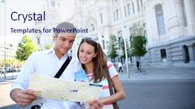  Presentation with tourists - Beautiful slide deck featuring tourists reading map in front backdrop and a sky blue colored foreground