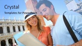  Presentation with tourists - Presentation design consisting of tourists using tablet in san marco piazza in venice background and a light blue colored foreground