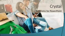  Presentation with departure - Colorful PPT theme enhanced with tourists waiting for delayed departure backdrop and a mint green colored foreground