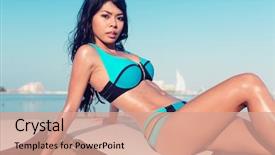  Presentation with many bubbles in water close - Colorful presentation design enhanced with tours dubai - surfer girl close to water backdrop and a  colored foreground