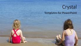  Presentation with tropical top view summer botanical - Colorful slides enhanced with tow sisters sit on beach bathing suit swimsuit back view summer vacation backdrop and a light blue colored foreground