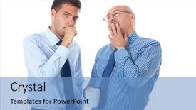  Presentation with overworked - Slide deck featuring tow tired and overworked businessman having a break from work isolated on white background and a teal colored foreground