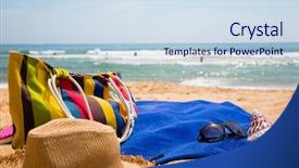  Presentation with beach - Colorful presentation theme enhanced with sand towel - women's beach items backdrop and a sky blue colored foreground