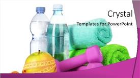  Presentation with water bottle - Audience pleasing PPT layouts consisting of towel dumbbells apples and water backdrop and a  colored foreground