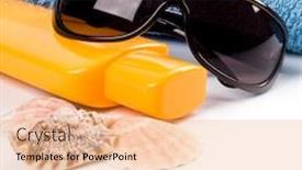  Presentation with lotion - PPT theme with towel shells sunglasses and lotion closeup on white background background and a coral colored foreground