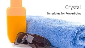  Presentation with lotion - Colorful presentation enhanced with towel sunglasses and lotion closeup on white background backdrop and a white colored foreground