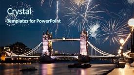  Presentation with fireworks on bridge - Colorful PPT theme enhanced with new year in london backdrop and a ocean colored foreground