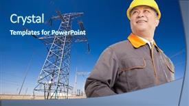  Presentation with power transmission - Beautiful presentation theme featuring tower safety - chinese man technician with yellow backdrop and a ocean colored foreground
