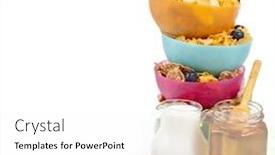  Presentation with corn flakes - Presentation design consisting of tower stack of colorful plastic bowl with fresh berries and corn flakes isolated on white background background and a white colored foreground