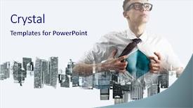  Presentation with hero business - Beautiful PPT layouts featuring tower strength - business superhero double exposure concept backdrop and a sky blue colored foreground