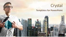  Presentation with hero business - Cool new theme with tower strength - business superhero young businessman showing backdrop and a cream colored foreground