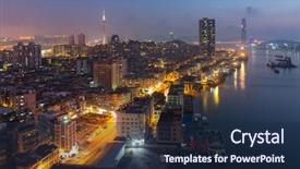  Presentation with tower - Slides enhanced with tower woth urban ladscape macao background and a navy blue colored foreground