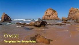  Presentation with ocean waves - Presentation theme featuring towering-rock-cliffs-at-praia background and a tawny brown colored foreground