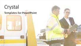  Presentation with truck driver - PPT theme with towing - businesswoman signing report while talking background and a white colored foreground