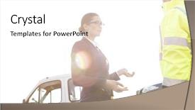  Presentation with tow truck - Colorful slide deck enhanced with towing - businesswoman talking to tow truck backdrop and a white colored foreground