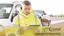  Presentation with truck driver - Colorful PPT theme enhanced with towing - mature tow truck driver making backdrop and a yellow colored foreground