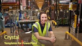  Presentation with distribution - PPT theme featuring towing ship - young woman leaning on tow background and a tawny brown colored foreground