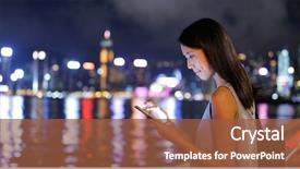  Presentation with mobile use - Colorful PPT theme enhanced with town - woman use of mobile phone backdrop and a tawny brown colored foreground
