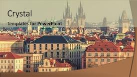  Presentation with city church - Slide deck consisting of town and blue sky cloud background and a mint green colored foreground