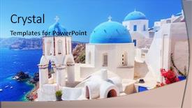  Presentation with greece blue - Beautiful presentation theme featuring town on santorini island greece backdrop and a light blue colored foreground
