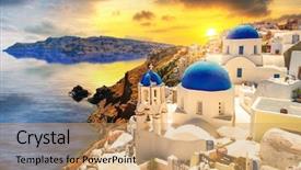  Presentation with santorini - PPT theme having town on santorini island greece background and a coral colored foreground