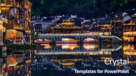  Presentation with ancient china - PPT theme featuring town on tuo jiang river background and a navy blue colored foreground