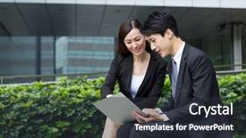  Presentation with notebook - Colorful presentation theme enhanced with town planning - two business people use backdrop and a wine colored foreground