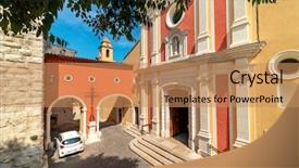  Presentation with square - Colorful PPT theme enhanced with town square and arched passage backdrop and a coral colored foreground