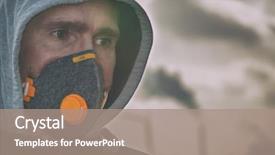  Presentation with air pollution - Colorful slides enhanced with toxic - man wearing real antipollution antismog backdrop and a coral colored foreground