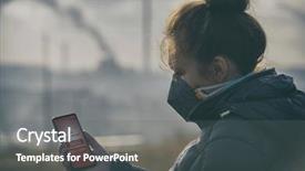  Presentation with pollution air - Colorful theme enhanced with toxic - woman wearing real antipollution antismog backdrop and a gray colored foreground