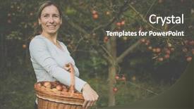 Presentation with aged - Beautiful PPT layouts featuring toxic free - middle aged woman picking apples backdrop and a dark gray colored foreground