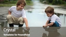  Presentation with two cute sisters playing - Slide deck with toy boat - two boy play in water background and a dark gray colored foreground