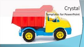  Presentation with large industrial mining dump truck - Amazing slide deck having tipper trucks - toy car truck isolated backdrop and a sky blue colored foreground