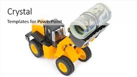  Presentation with toy - Presentation design consisting of toy loader and money isolated background and a  colored foreground
