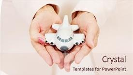  Presentation with elderly holding pills - Theme with toy plane on open plams background and a lemonade colored foreground