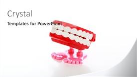  Presentation with pink white - Audience pleasing slide deck consisting of toy-plastic-wind-up-teeth backdrop and a white colored foreground