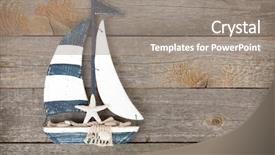  Presentation with wooden toy - Slide deck with toy sailboat on a wooden background and a gray colored foreground