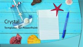  Presentation with wooden toy - Cool new PPT layouts with toy ship and notepad on blue wooden table backdrop and a arctic colored foreground