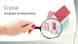  Presentation with magnifying glass - Colorful PPT theme enhanced with toy-small-house-through backdrop and a  colored foreground