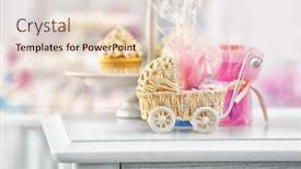  Presentation with baby toy - Presentation design enhanced with toy stroller with gift for baby shower party on table closeup background and a lemonade colored foreground