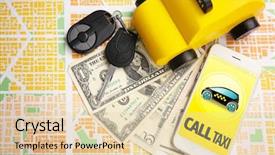  Presentation with rideshare taxi app on smartphone - PPT theme with toy taxi cab smartphone money background and a lemonade colored foreground