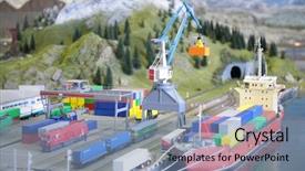  Presentation with port service - Amazing slides having toy train - model of port with railway backdrop and a seafoam green colored foreground