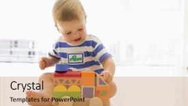  Presentation with baby toy - Beautiful presentation design featuring toy trucks - baby indoors playing with truck backdrop and a coral colored foreground